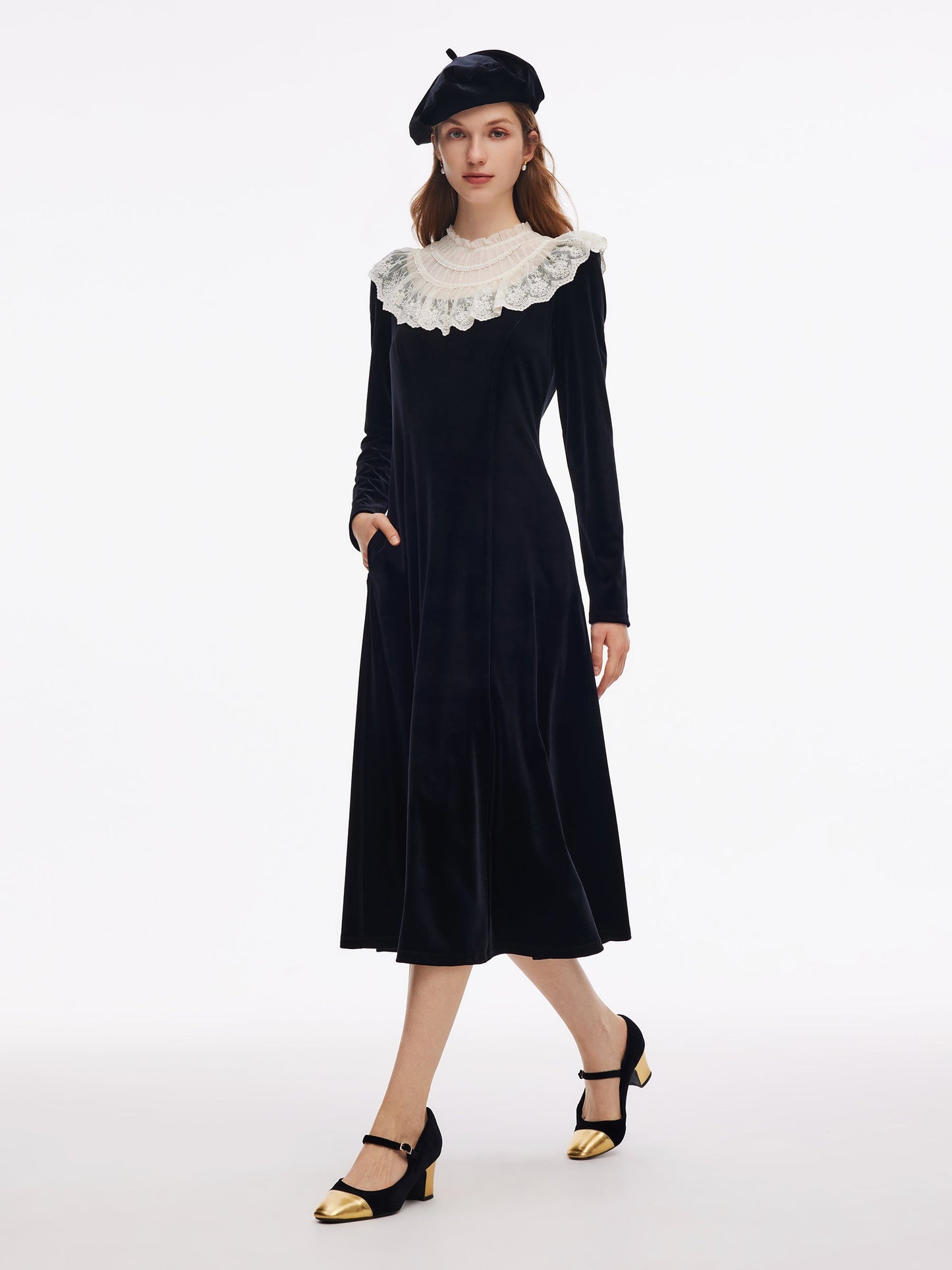 Velvet Sheer Lace Collar Women Midi Dress With Beret