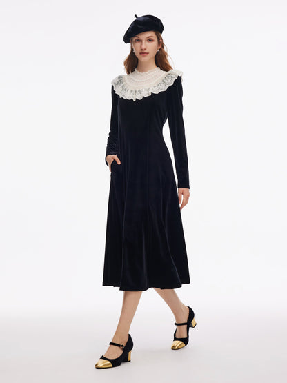 Velvet Sheer Lace Collar Women Midi Dress With Beret
