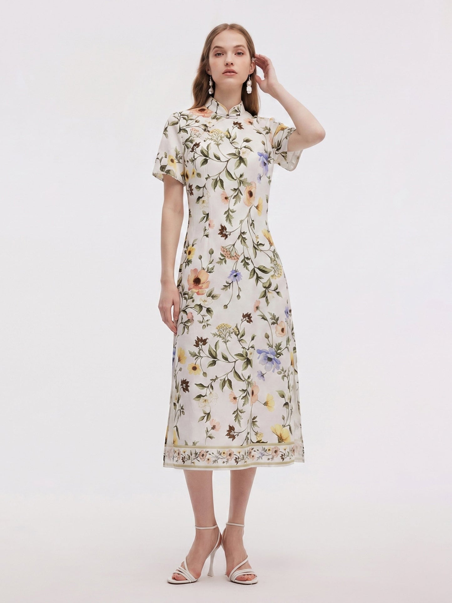 Tencel Linen Blend Floral Print Women Qipao Maxi Dress