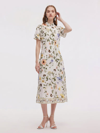 Tencel Linen Blend Floral Print Women Qipao Maxi Dress