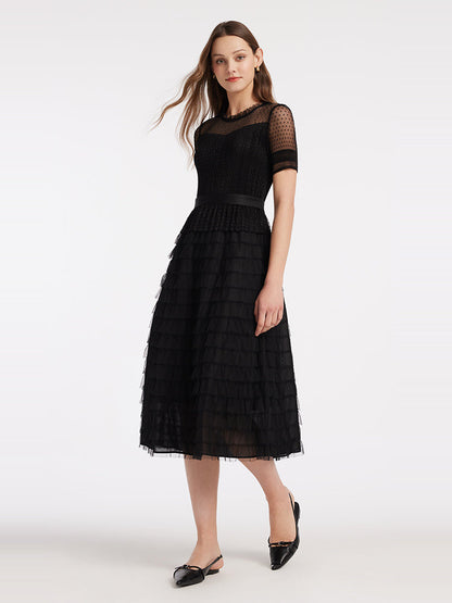 Short Sleeve Tulle Tiered Maxi Dress