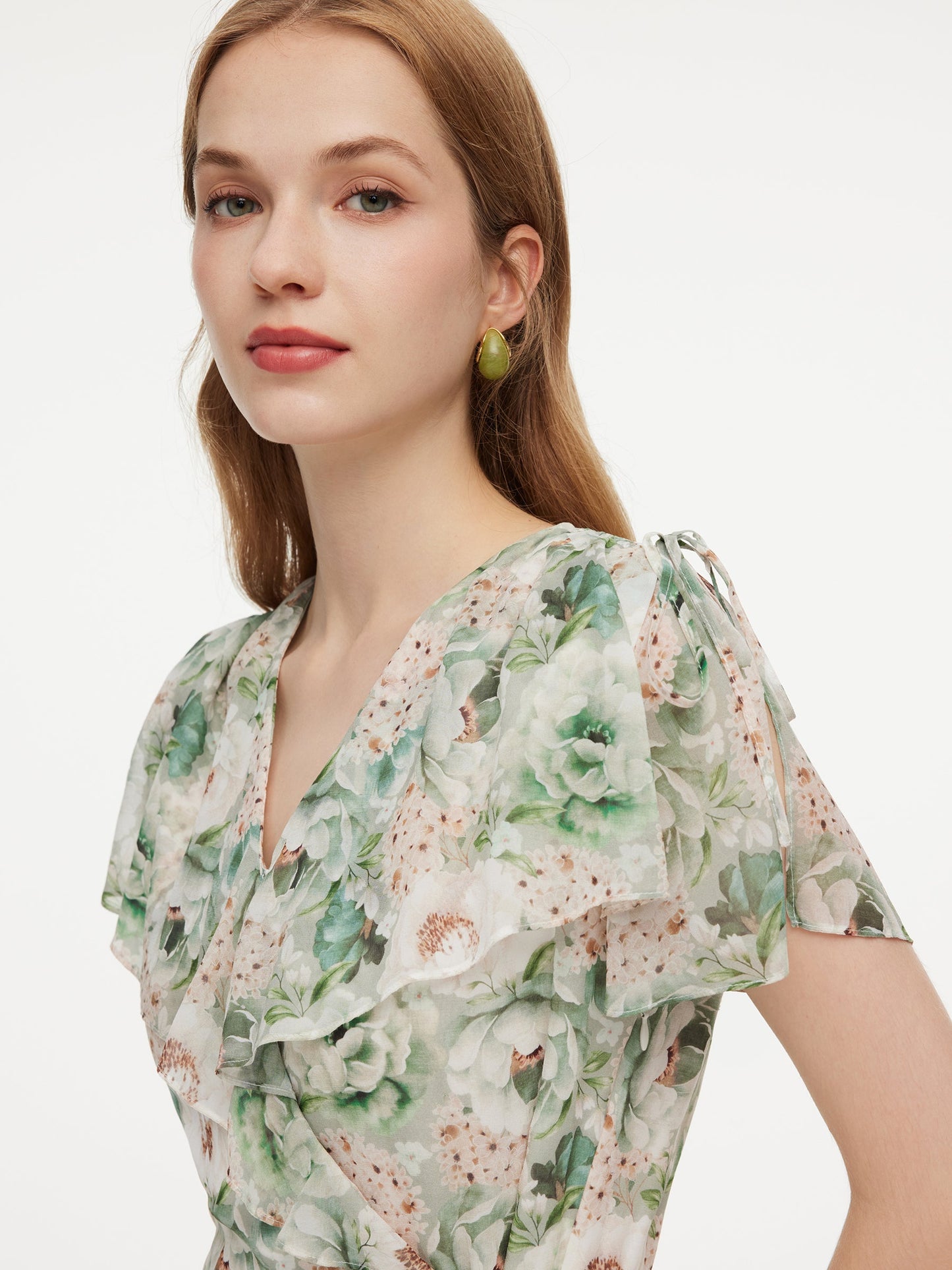 10MM Mulberry Silk Floral Print Ruffled Sleeve Women Wrap Maxi Dress