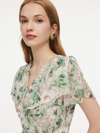 10MM Mulberry Silk Floral Print Ruffled Sleeve Women Wrap Maxi Dress