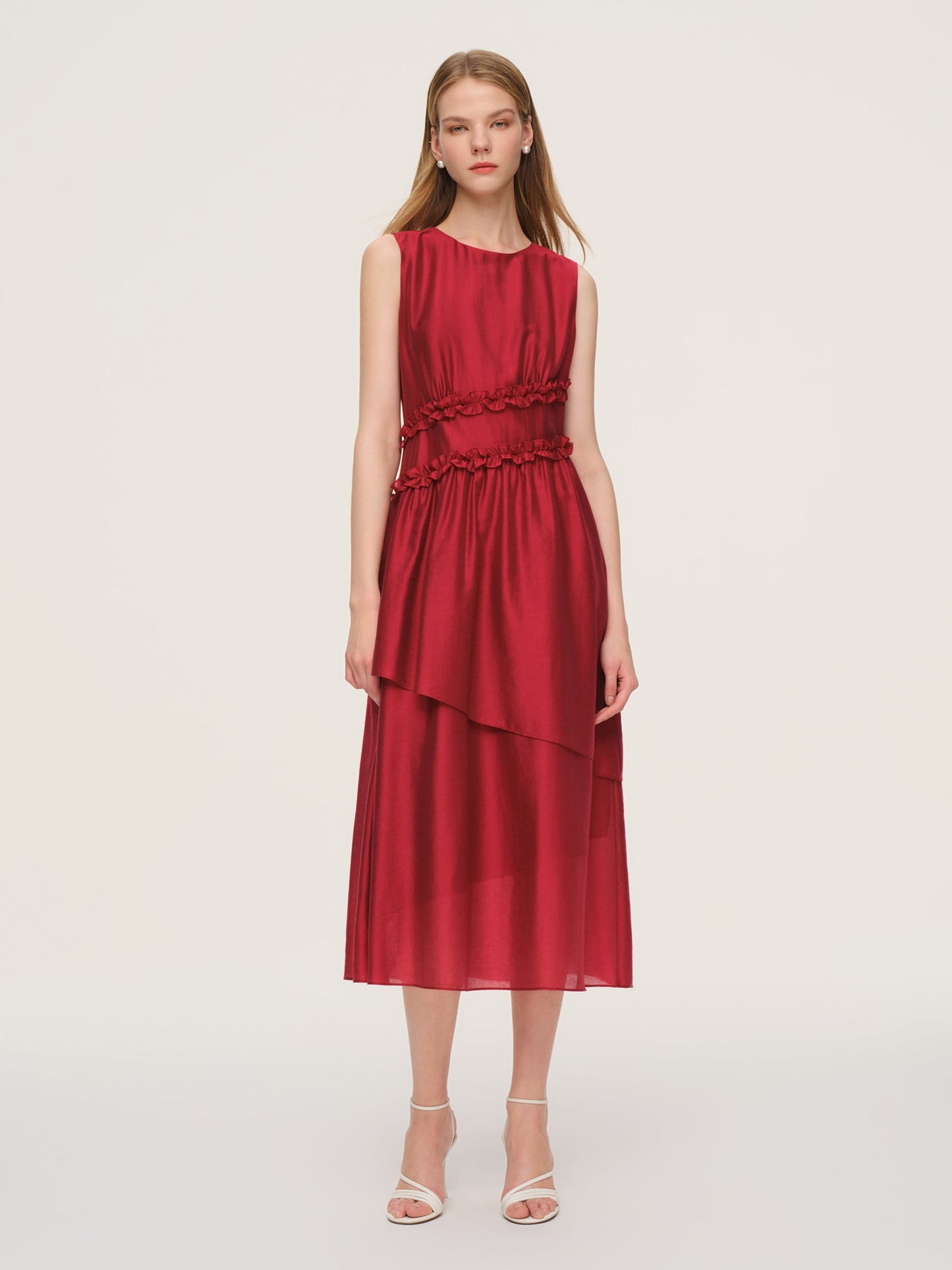 Tencel Blend Ruffle Women Sleeveless Tiered Maxi Dress