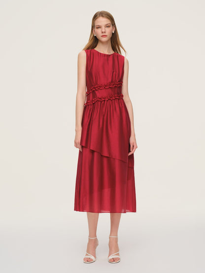 Tencel Blend Ruffle Women Sleeveless Tiered Maxi Dress