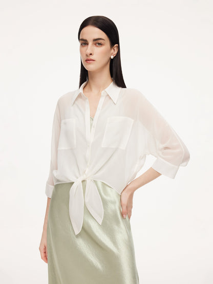 10MM Mulberry Silk Tie Front Women Sheer Shirt