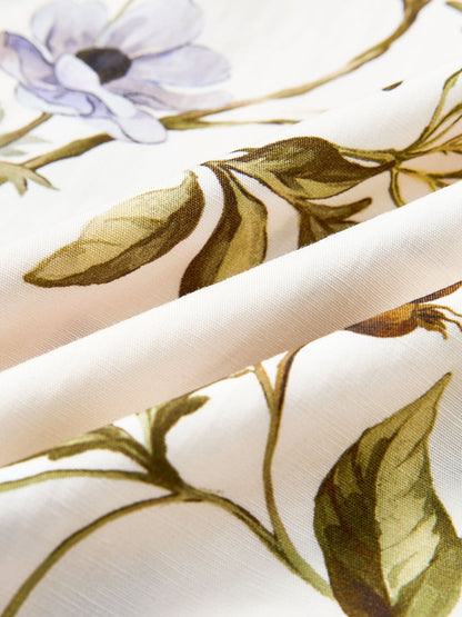 Tencel Linen Blend Floral Print Women Qipao Maxi Dress