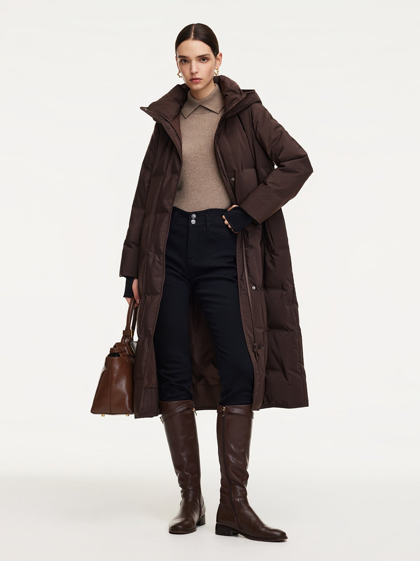 Quilted Hooded Goose Down Wrap Overcoat