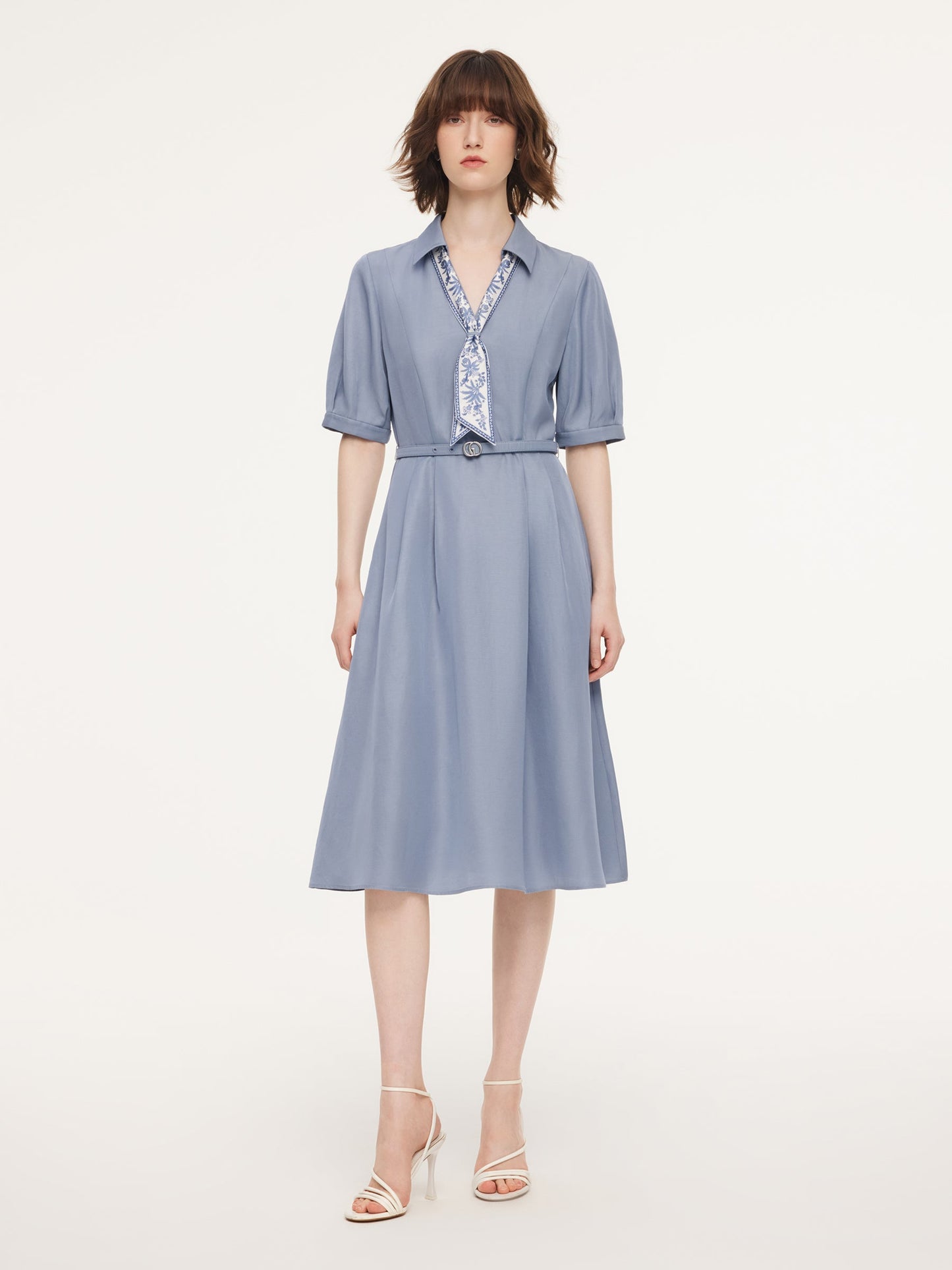 Acetate Tencel Linen Blend Women Midi Dress With Silk Scarf And Belt