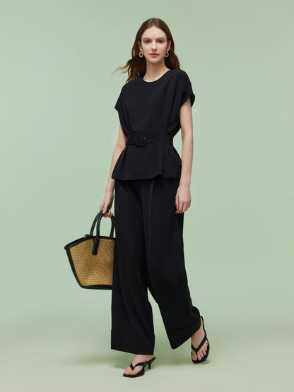 Four-Way Stretch Top And Ankle Length Pants Two-Piece Set With Belt