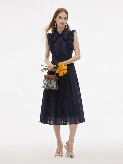 Lyocell Blend Ruffle Women Maxi Dress With Ribbon