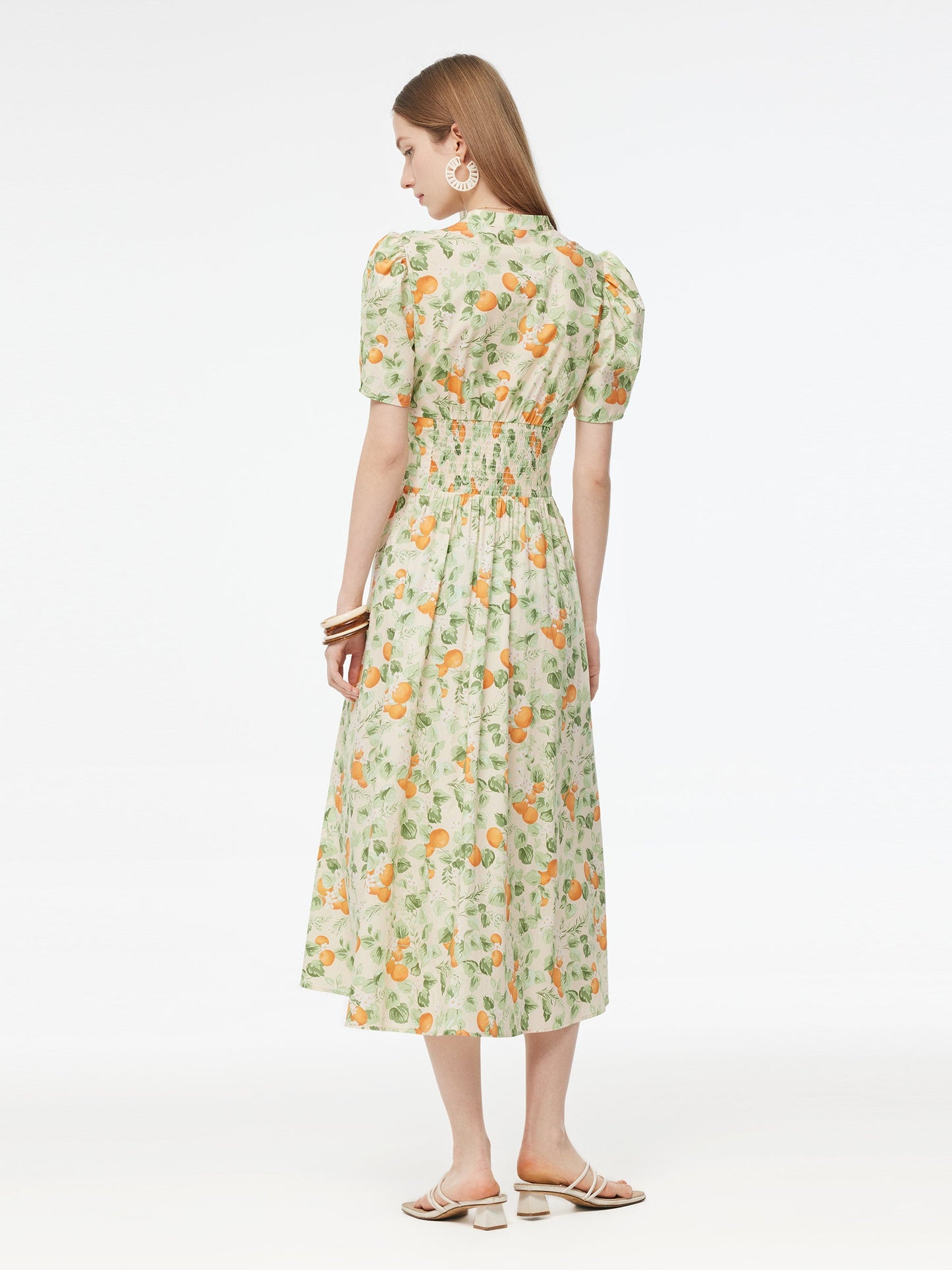 Cotton Gathered Waist Floral Print Women Maxi Dress