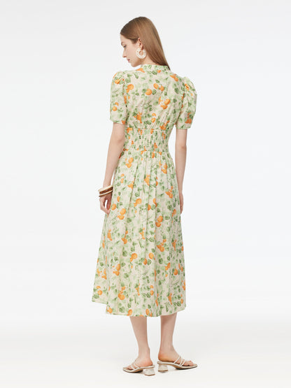 Cotton Gathered Waist Floral Print Women Maxi Dress