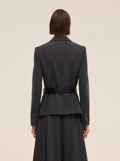 Worsted Wool Blend Women Blazer With Fringe Scarf And Belt
