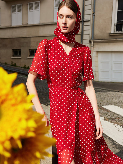 10 Momme Mulberry Silk Polka Dots Print Wrapped Ruffle Women Midi Dress