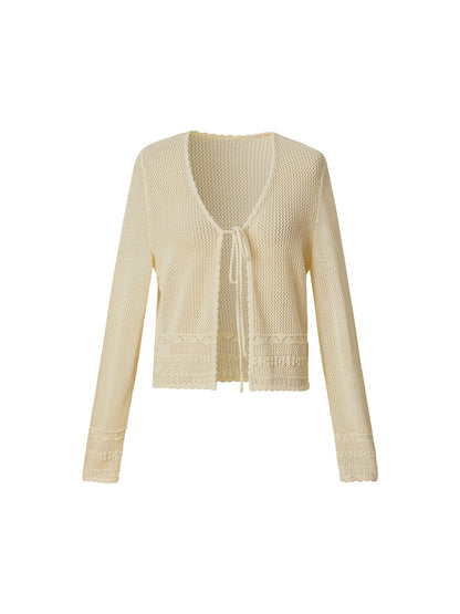 100% Cotton Openwork Tie Front Women Cardigan