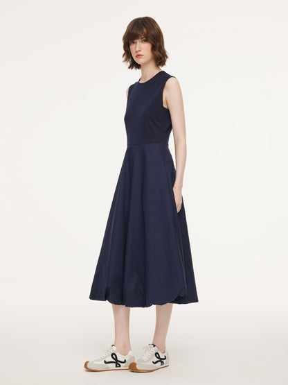 Dark Navy Bubble Hem Women Sleeveless Maxi Dress With Bag