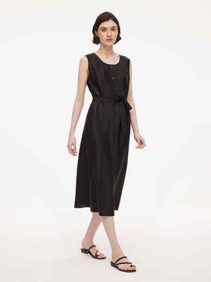 18MM Gambiered Canton Gauze Women Sleeveless Belted Maxi Dress