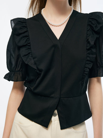 Tencel Blend Puff Sleeve Women Ruffe Patchwork Top
