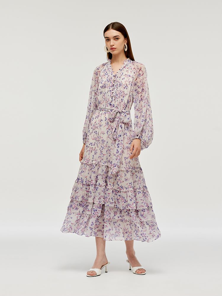 Floral Print Tiered Women Maxi Dress With Belt