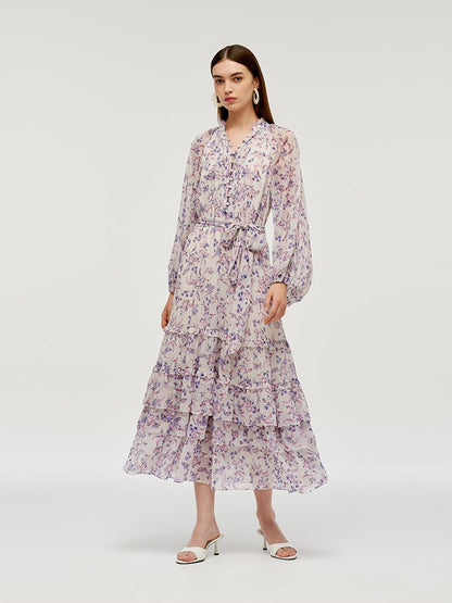 Floral Print Tiered Women Maxi Dress With Belt