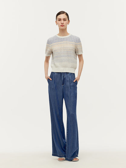 Blue And White Gradient Stripe Women Knit Top