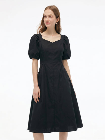 Cotton Blend Square Neck Women Puff Sleeve Midi Dress