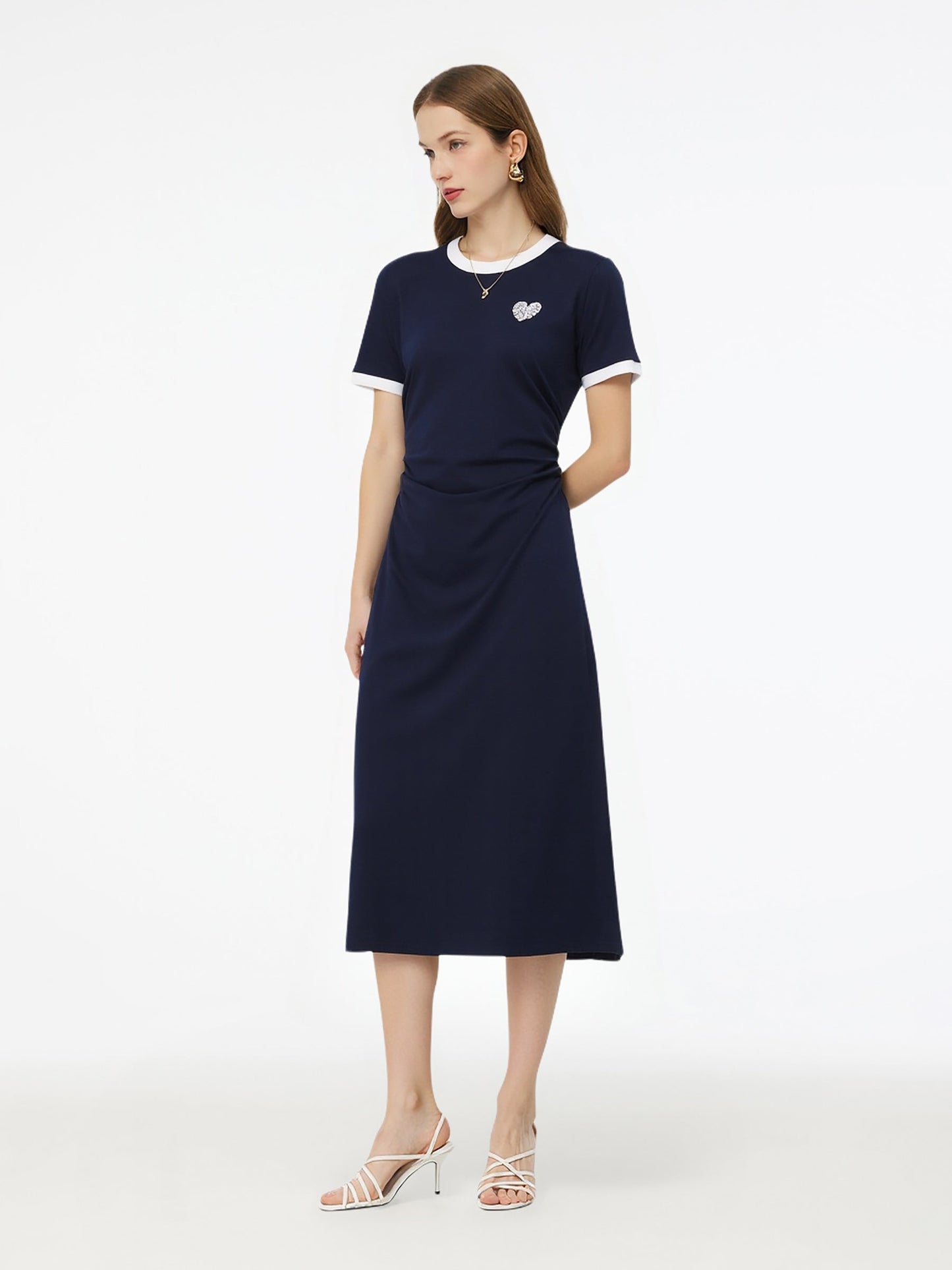 Side Pleat Round Neck Women Knit Midi Dress