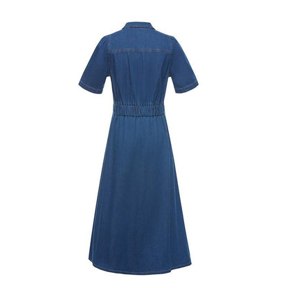 V-neck Gathered Waist Denim Midi Collared Dress