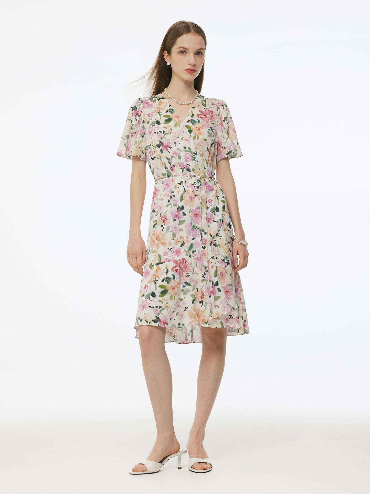 19MM Mulberry Silk Floral Print V-Neck Women Wrap Midi Dress