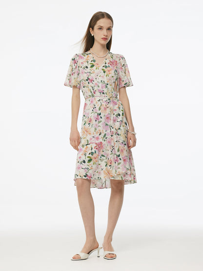 19MM Mulberry Silk Floral Print V-Neck Women Wrap Midi Dress
