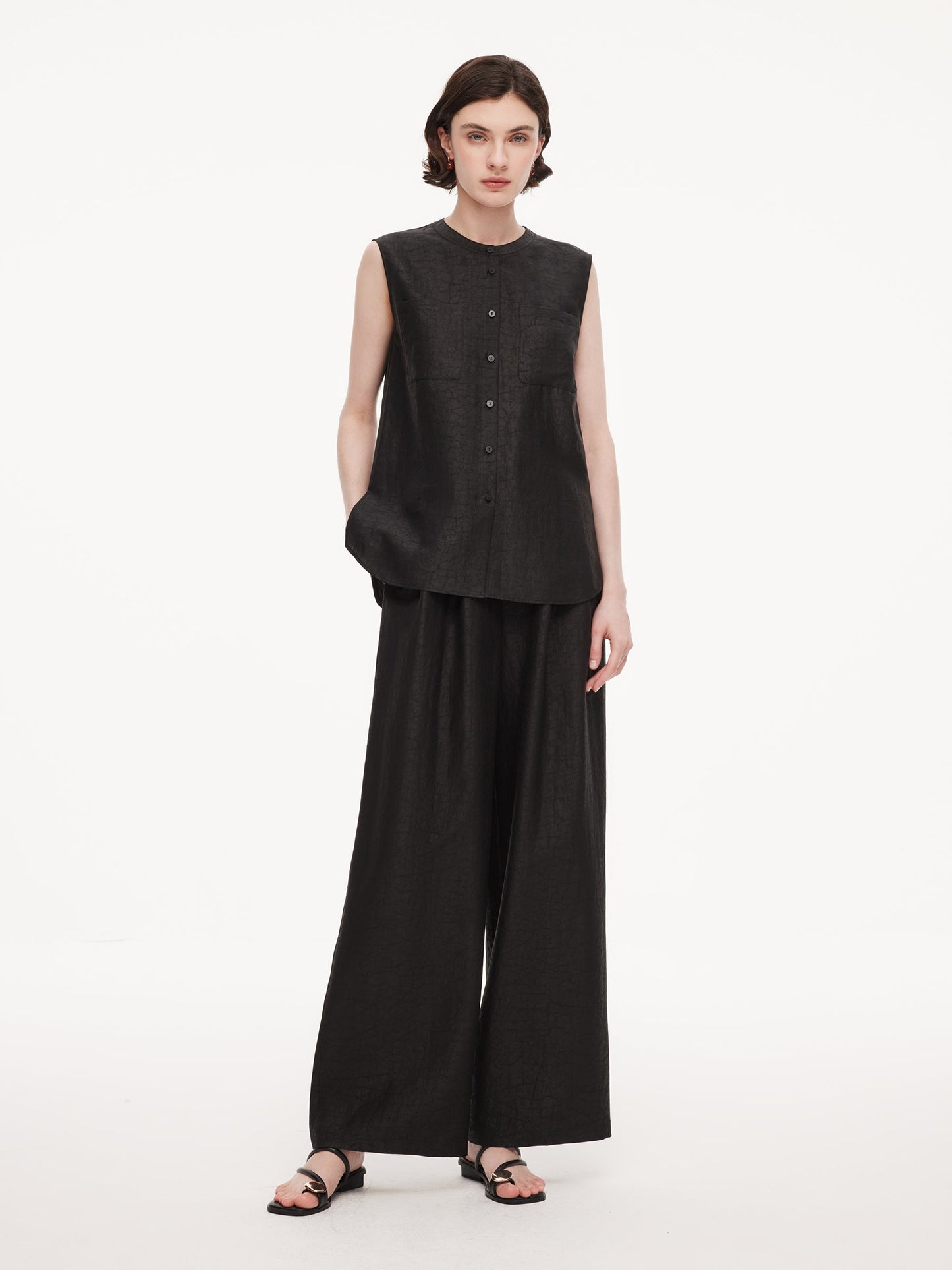18MM Gambiered Canton Gauze Women Drawstring Waist Wide Leg Pants