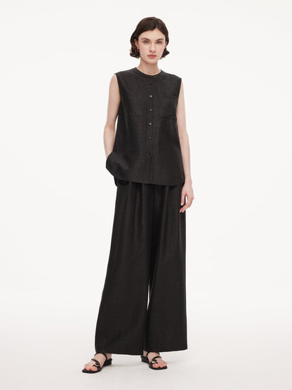 18MM Gambiered Canton Gauze Women Drawstring Waist Wide Leg Pants