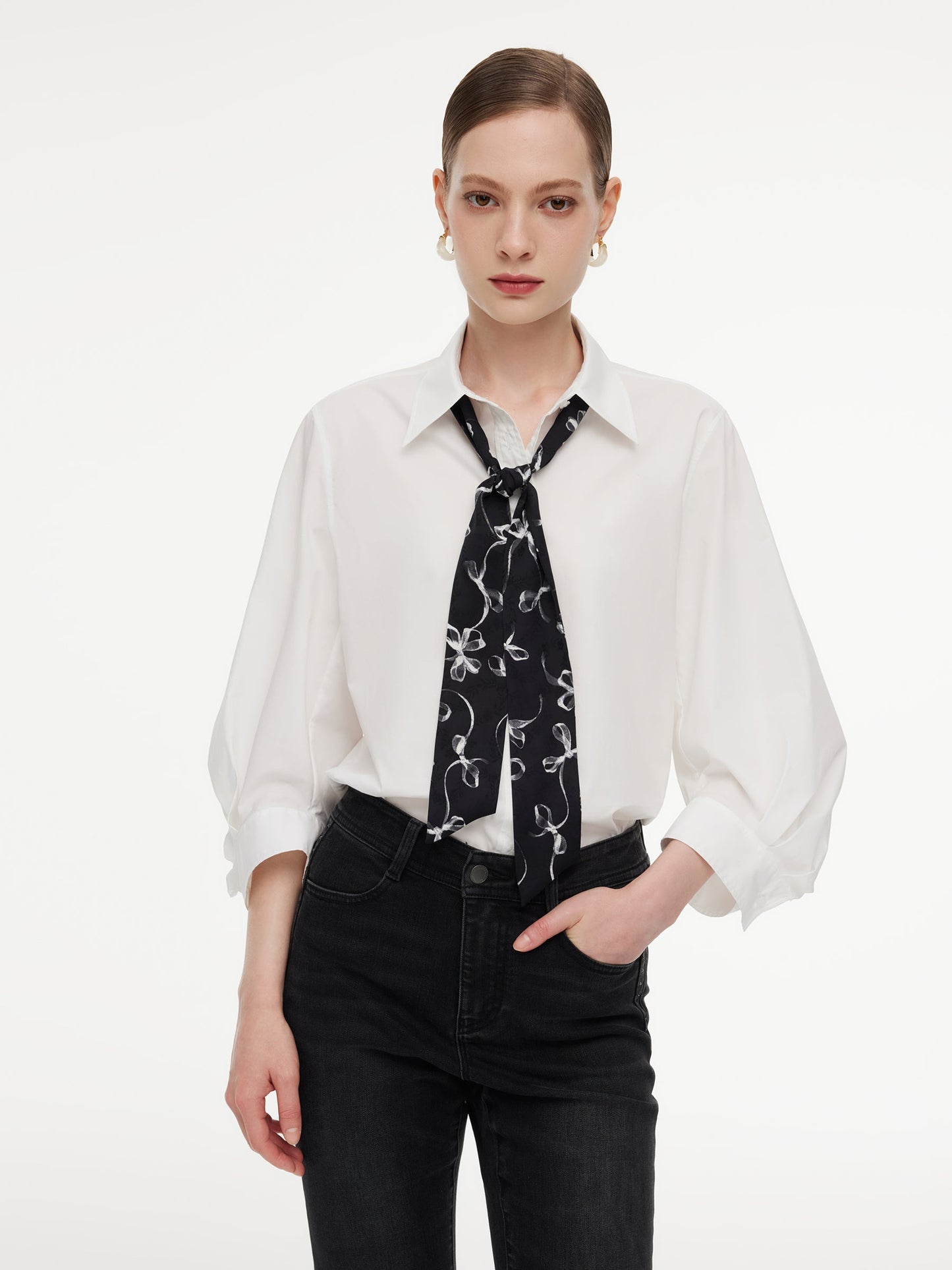 100% Cotton 3/4 Sleeve Women Shirt With Ribbon Print Silky Scarf