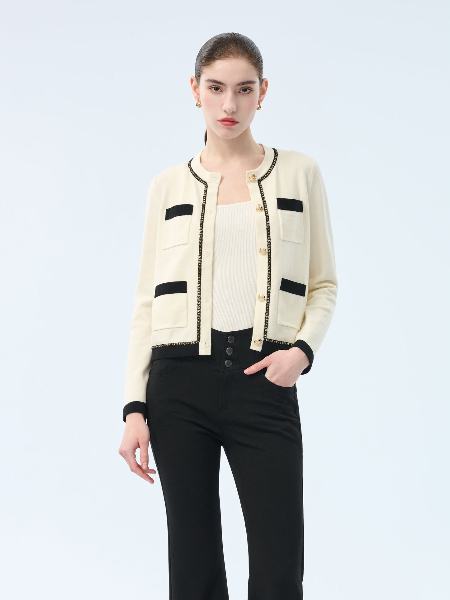 Tencel Blend Contrast Trim Women Cardigan