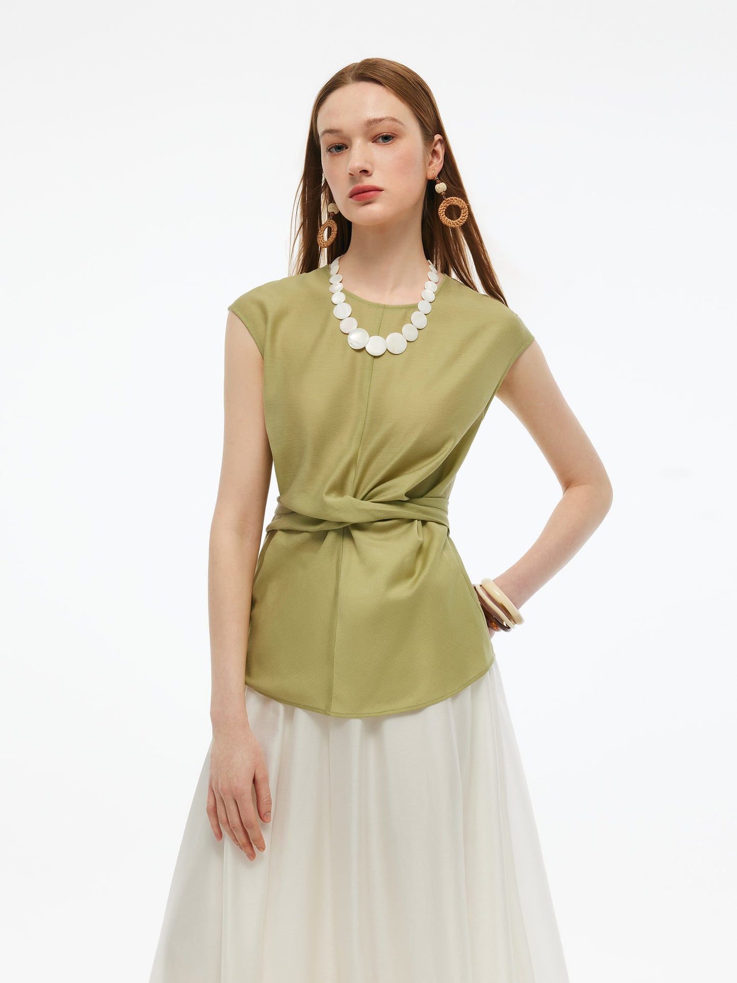 Acetate Twist Front Women Cap Sleeve Top