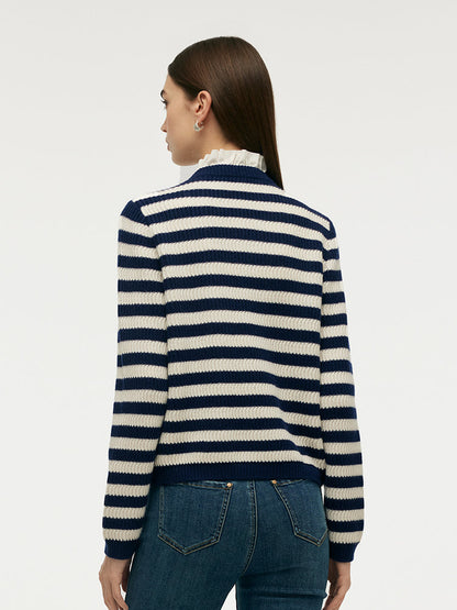 Blue And White Stripe Women Cardigan With Detachable Ruffle Collar