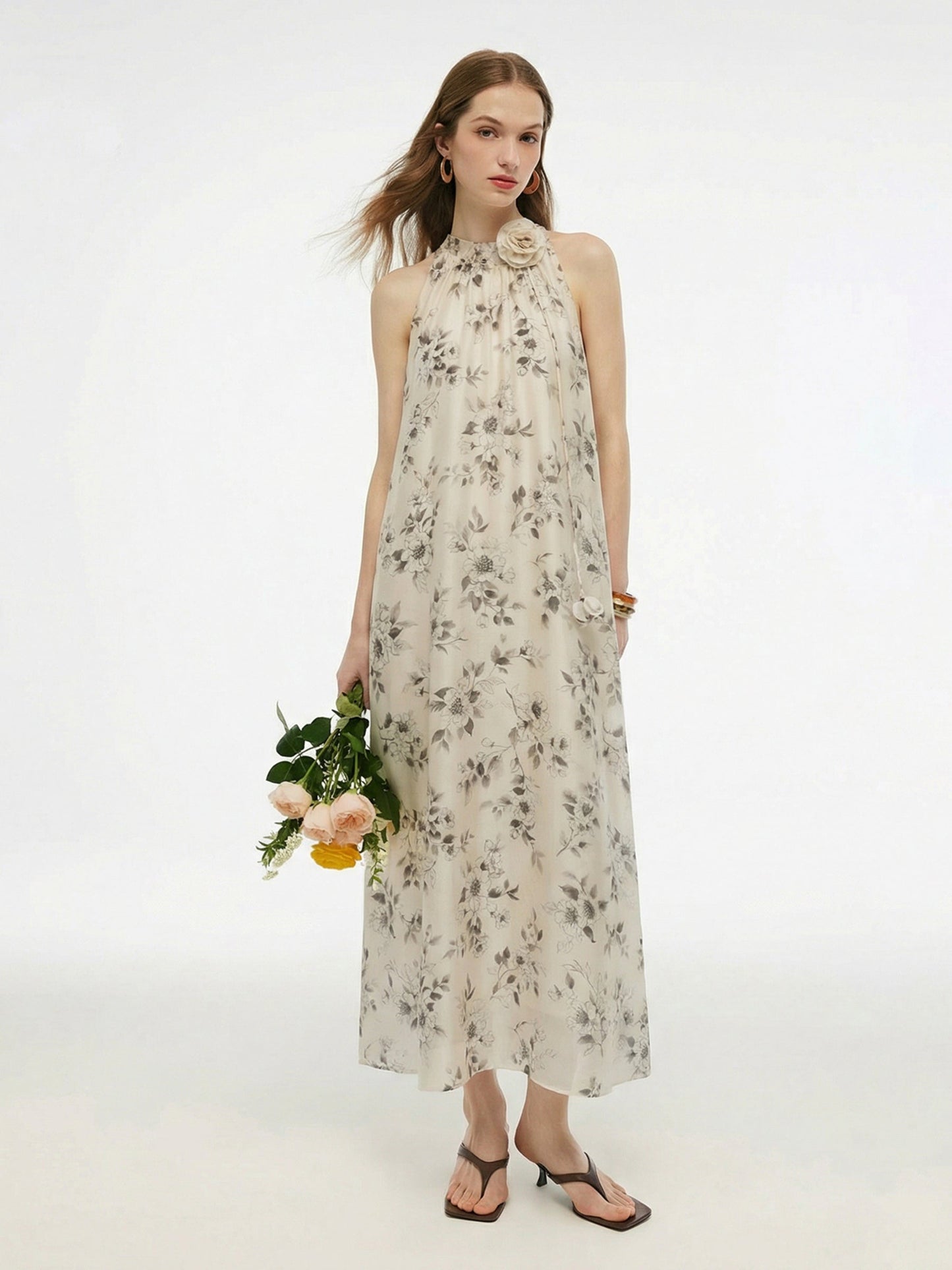 Floral Print Women Halter Maxi Dress With Ribbon