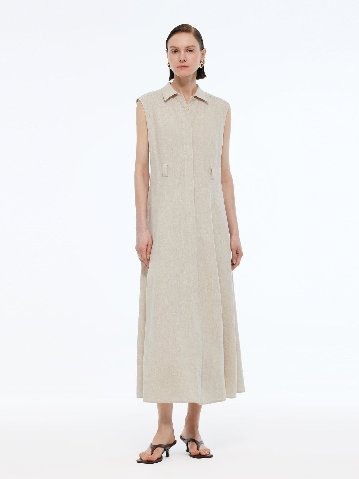 100% Linen Women Vest Maxi Shirt Dress With Belt
