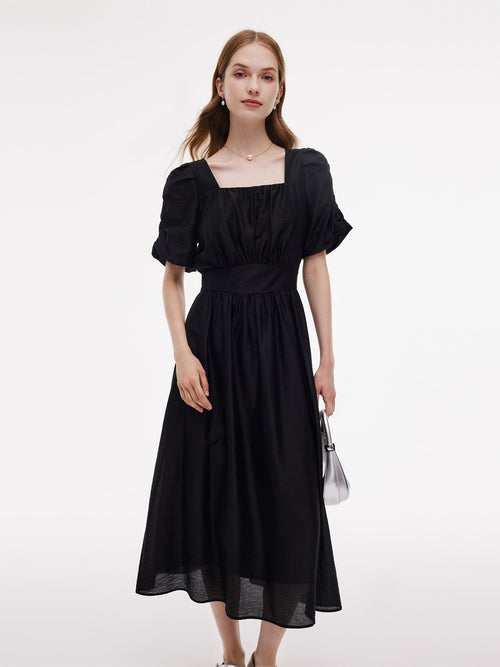 Tencel Blend Square Neck Women Puff Sleeve Maxi Dress