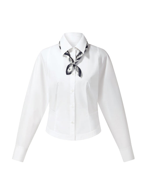 [Preview] Cotton Blend Gather-Waisted Women Shirt With Silk Scarf