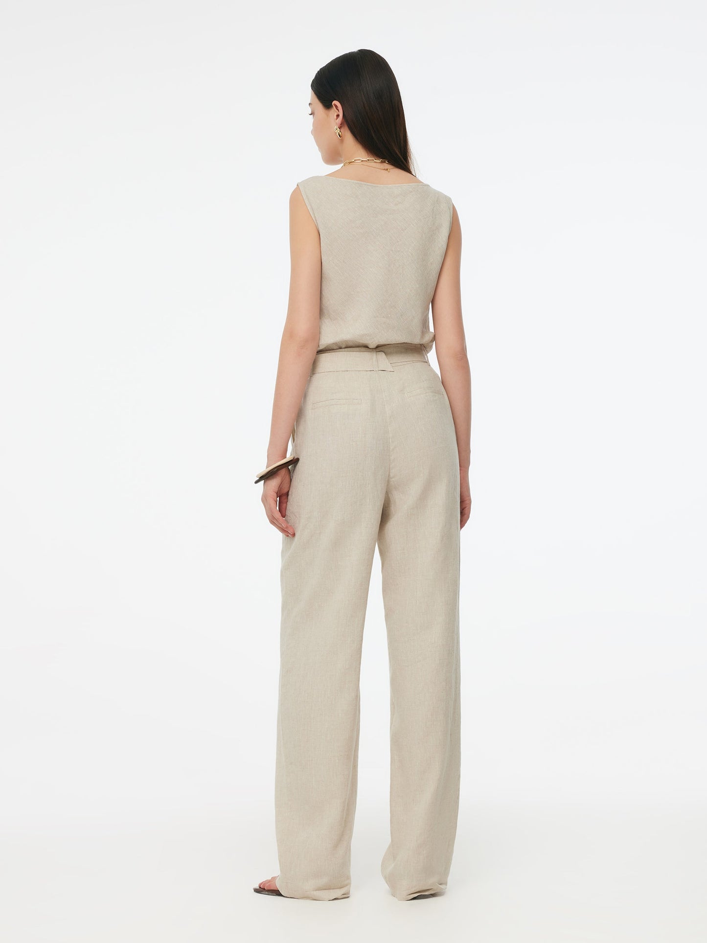 100% Linen Women Straight Leg Pants With Belt