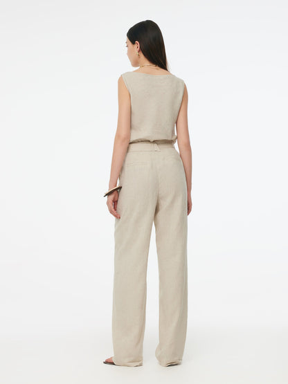 100% Linen Women Straight Leg Pants With Belt