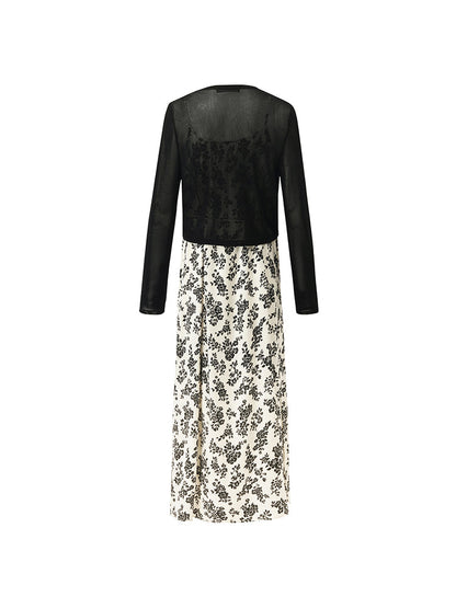 Camellia Print Spaghetti Strap Dress And Knitted Cardigan Two-Piece Set