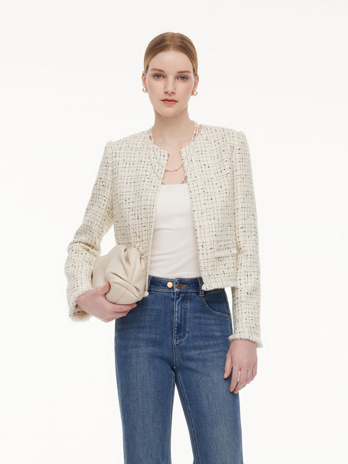 Wool Blend Tweed Frayed Hem Women Jacket