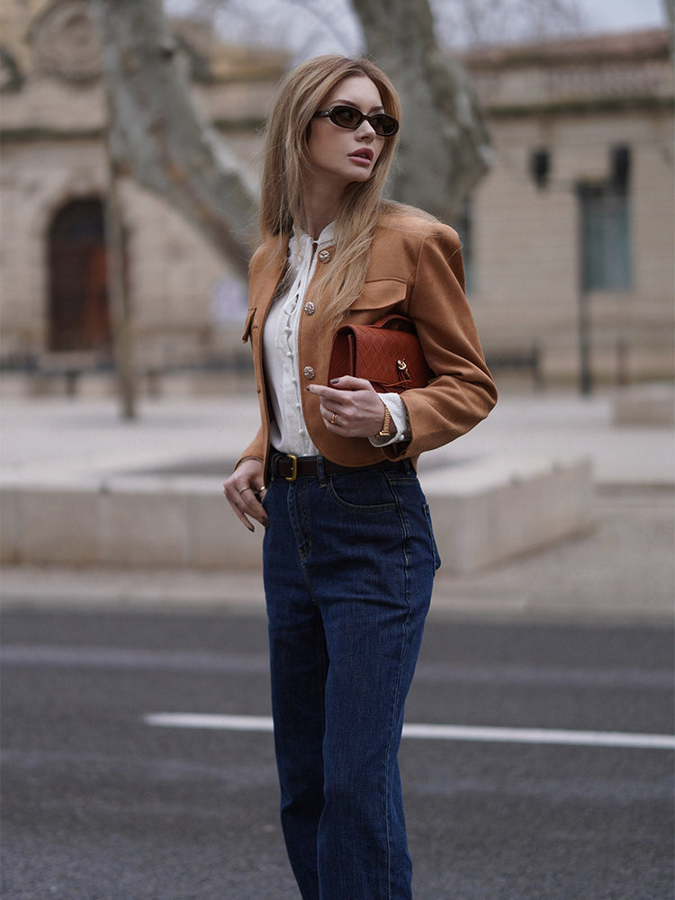 Faux Suede Jacket And Jeans Two-Piece Set