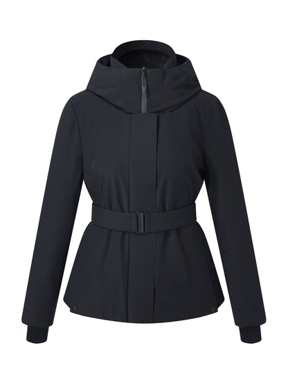 Gathered Waist Hooded Goose Down Jacket With Belt