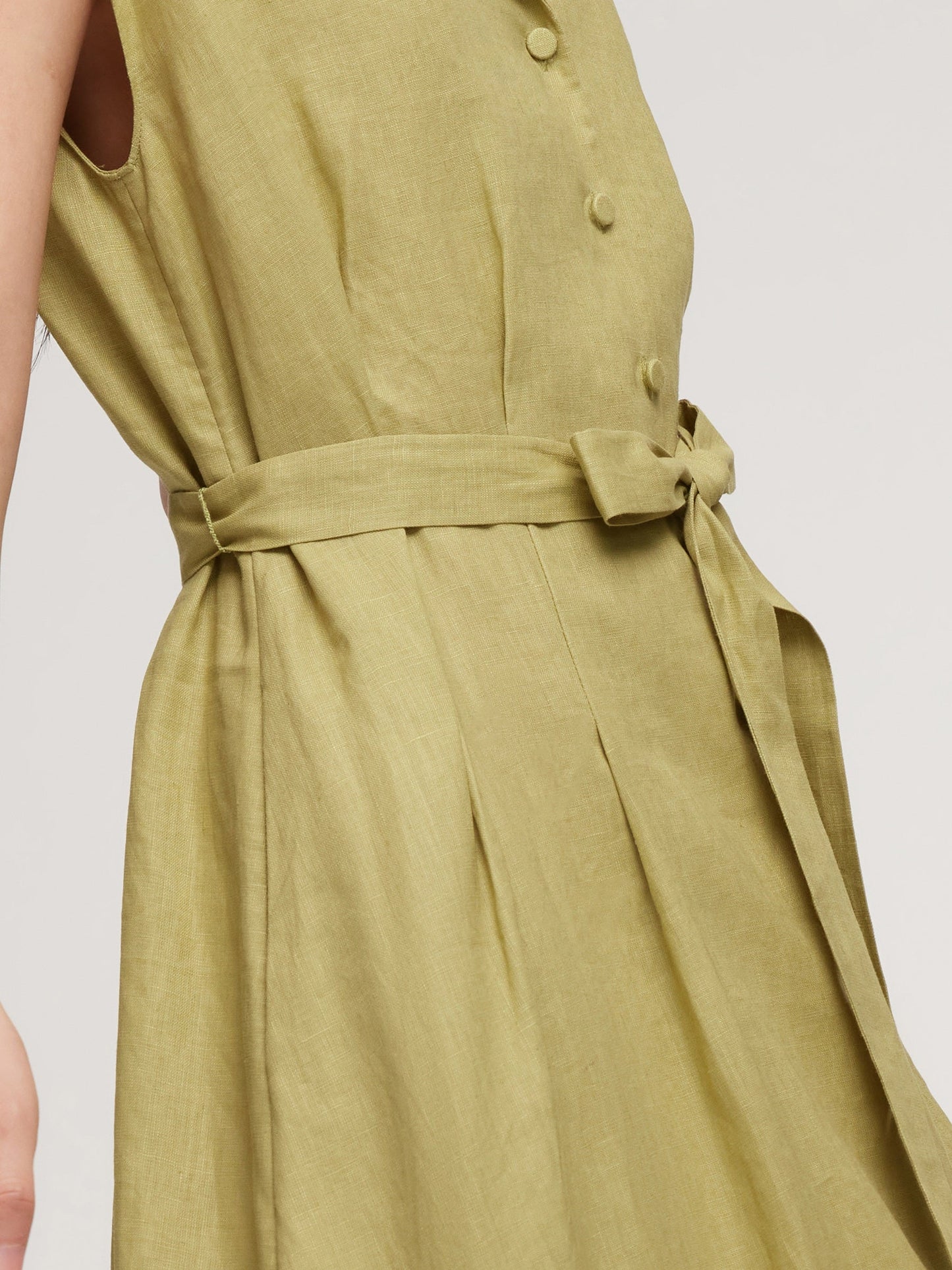 100% Linen Gathered Waist Women Self-Tie Belt Maxi Dress