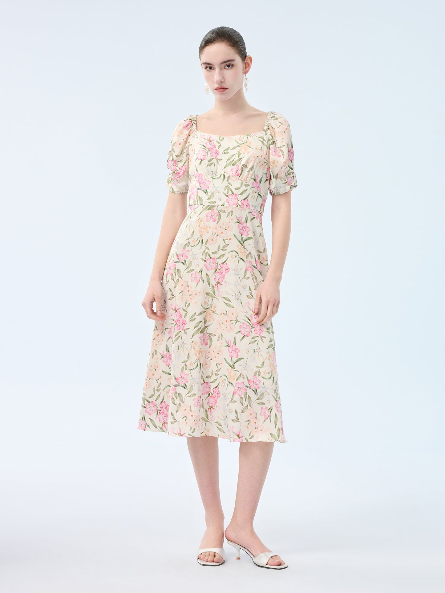 19MM Mulberry Silk Floral Print Women Square Neck Midi Dress
