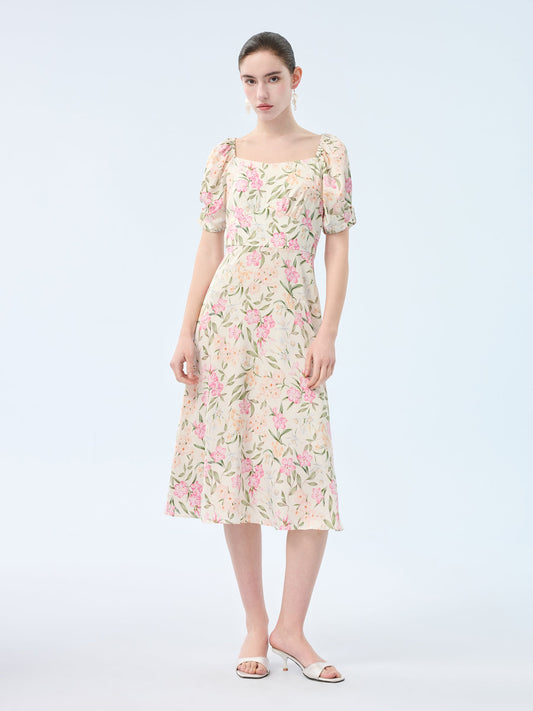 19MM Mulberry Silk Floral Print Women Square Neck Midi Dress